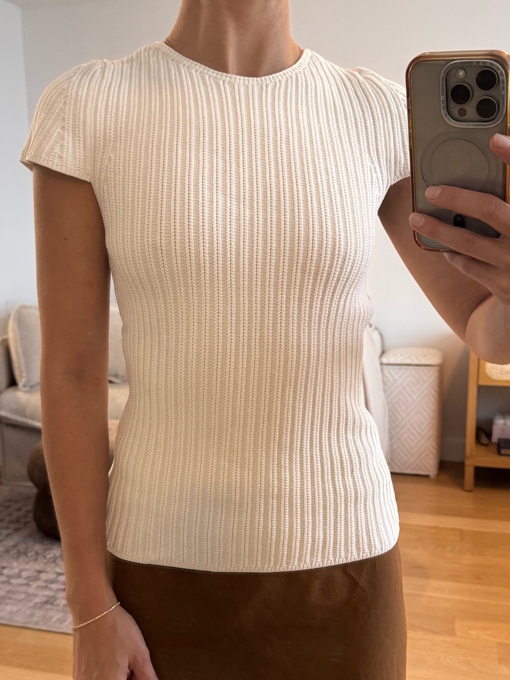 Maje Cream Ribbed Cap-Sleeve Sweater Shell